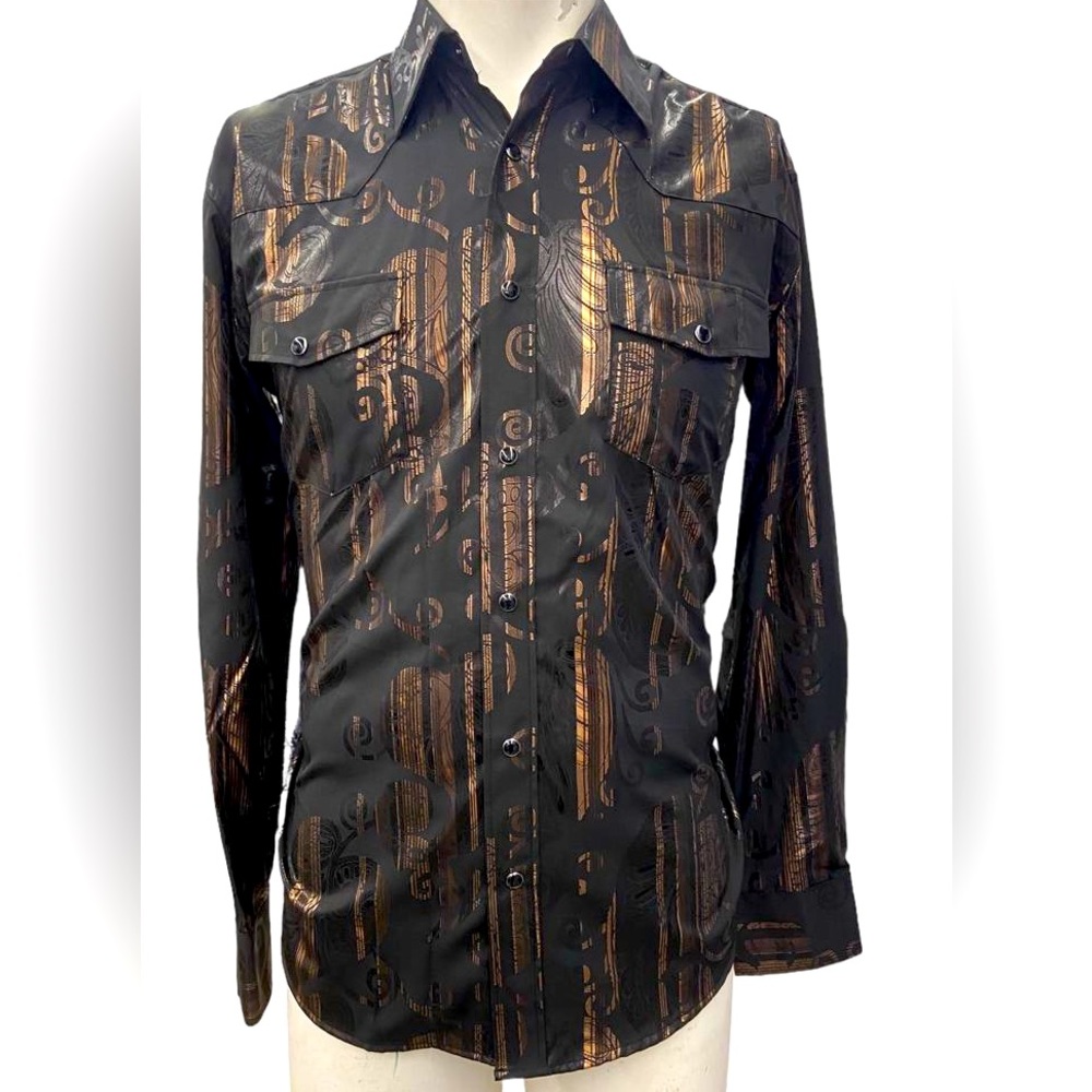 Men’s Western Black Snap Button shirt w gold paisley print.